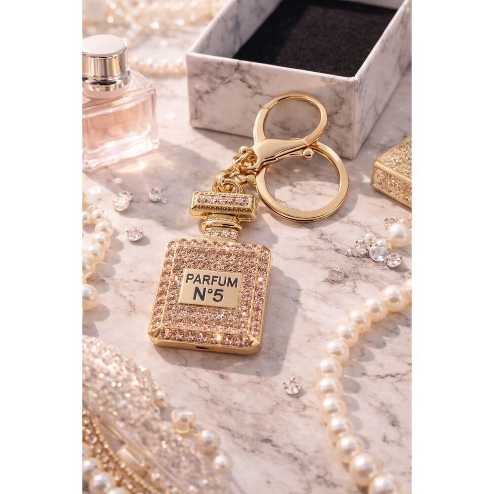 Gold Rhinestone Parfum No. 5 Keychain – Glam Perfume Bottle Charm